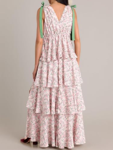 Image of Wenrine Womens Summer Floral Maxi Dress Tie Strap Sleeveless V Neck High Slit Boho Ruffle Tiered Beach Dresses