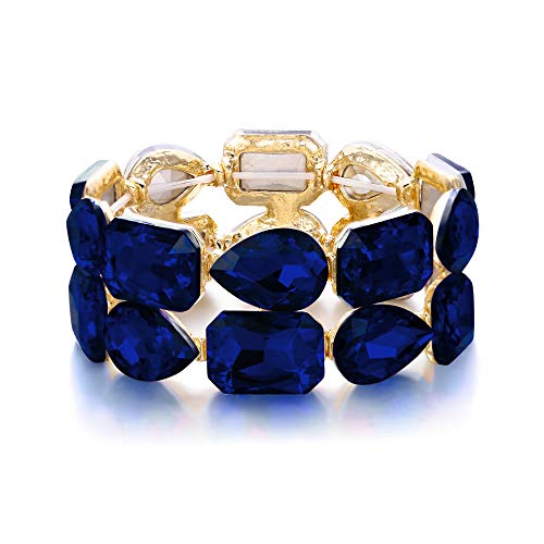 EVER FAITH Bracelet Élastique Femme Accessoire Mariage Forme Carré et Goutte d'eau Cristal Strass Ton d'or Bleu Cover
