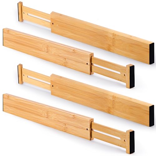 FUICRAST Bamboo Drawer Dividers Organizers, Kitchen Drawer Dividers for Clothes, Adjustable Drawers Separators for Dresser, Bedroom, Bathroom, Office, 4 Pack, 13“-17”