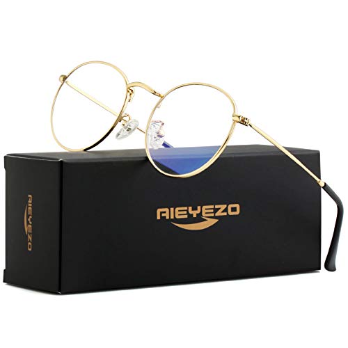 Blue light Blocking Glasses Classic Round Glasses Vintage Circle Metal Eyeglasses Frames 100% Anti-Blue Light Lens (Gold/Anti-blue Light Lens)