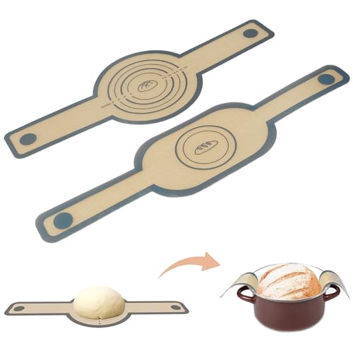 MoMoxi Alfombrilla de silicona para hornear ovalada y redonda, suministros para hornear pan de masa madre, herramientas de silicona para hacer pan con asas extralargas, fácil y estable para transferir