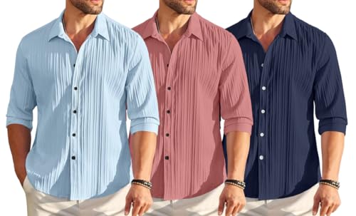 Image of FINIVO FASHION Combo of Men's Casual Cotton Plain Button Down Shirt Long Sleeve Textured Summer Beach Shirt for Men Pack of 3