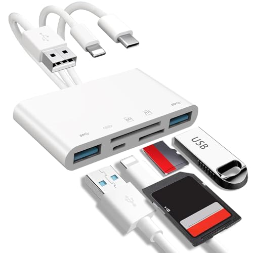 Lector de tarjetas de memoria 5 en 1 para iPhone/iPad/Android/portátil, lector de tarjetas SD con USB C, iluminación y puertos USB A, adaptador OTG compatible con ranura para tarjetas SD/SDHC/SDXC/MMC