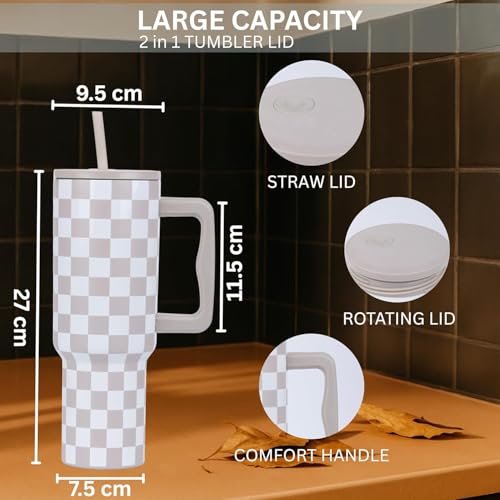Image of Tumbler with lid and Straw 1200ML Cup Stainless Steel Vacuum Insulated Cup for Water, Iced Tea or Coffee 1.2L Office Gym Travelling; Tumbler with Straw. (40-Oz-Skin Checks)