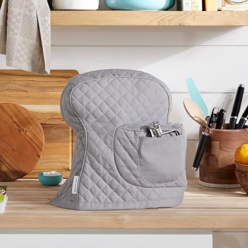 KITCHENAID Fitted Tilt-Head Solid Stand Mixer Cover with Storage Pocket, Quilted 100% Cotton, Grey, 14.4"x18"x10"