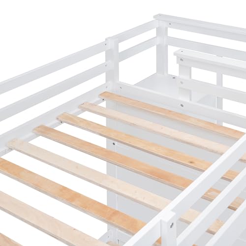 P PURLOVE Twin Over Twin Bunk Bed with Stairs and Trundle, Solid Wood Bunk Beds with Stairway Storage for Teens,Kids,White