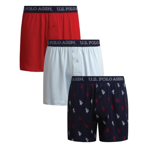 Image of U.S. POLO ASSN. Mens Boxer Shorts 3 Pack Ultra Soft Knit Cotton Button Fly, Red/Maritime Blue Print/Light Blue, S