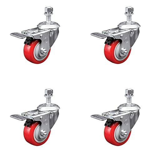 Stainless Steel Polyurethane Swivel Threaded Stem Caster Set of 4 w/3
