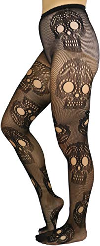 Image of ToBeInStyle Women's Sugar Skull Dia de los Muertos La Catrina Skeleton Bones Tights & Thigh High Stockings