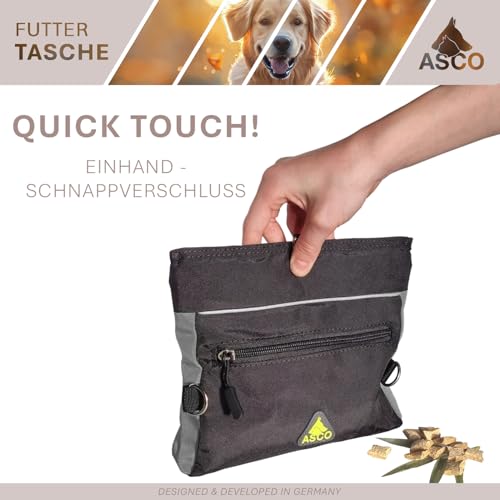 ASCO Leckerlitasche für Hunde - Leckerlibeutel mit Einhand-Schnappverschluss - Futterbeutel Hunde 20 x 20 cm - Hundetraining Bauchtasche mit viel Platz, Bauchgurt und waschbarer Innentasche, schwarz