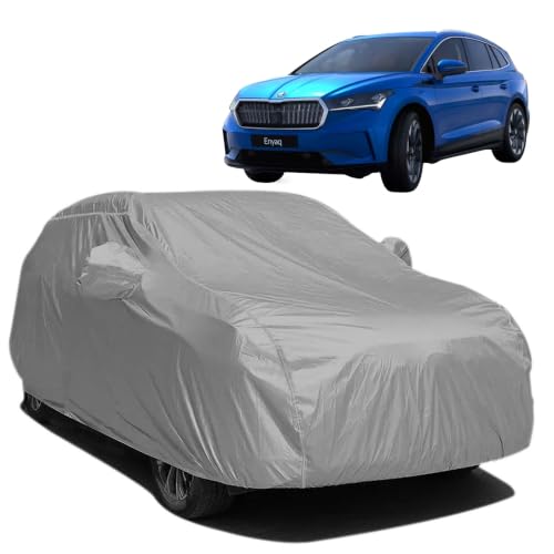 Image of BARBARIKA Waterproof Car Body Cover Compatible with Skoda Enyaq | Waterproof, UV Resistant, Dustproof, Mirror Pockets, with Belt & Buckle - (Grey)