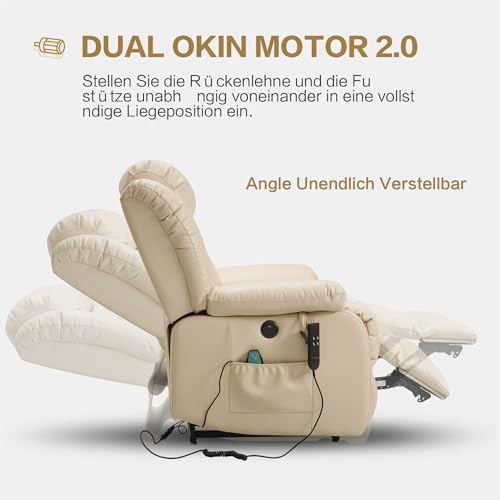 DUANDUAN 2 Motoren Elektrischer Relaxsessel mit 180° Liegefunktion, Sessel mit Schlaffunktion, Massagesessel mit Aufstehhilfe,Vibration und Heizung (Beige) – Bild 5