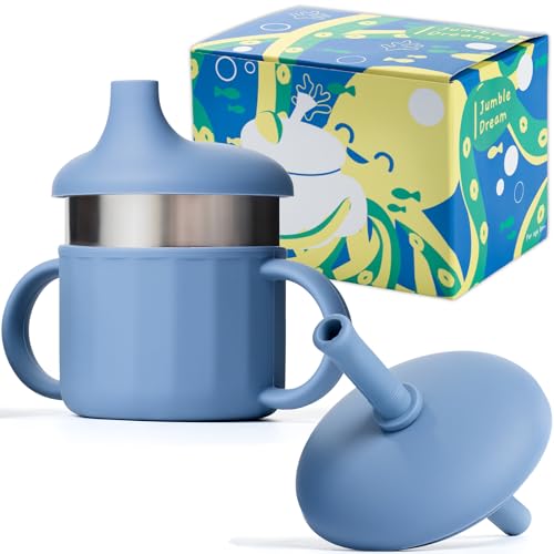 Image of Jumble Dream Baby Sippy Cup, 100% Silicon Training Stainless Steel Kids Cups with Silicon Straw, Toddler Tumbler with Straw Spill Proof |6 Month Plus Toddler Sippy Cup| BPA Free (Blue Moon)