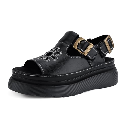 Image of Black Platform Sandals for Women Chunky Ankle Buckle Casual Open Toe Comfortable Flower Decoration Fisherman Sandals Sizes 9