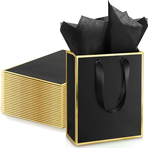 Image of Yeaqee 24 Pack Metallic Paper Gift Bag with Tissue, Black and Gold | with Satin Ribbon Handle and Tissue, 9x7x3.1 Inch, Suit Business, Birthday, Christmas, Thank You Return Gifts Bags