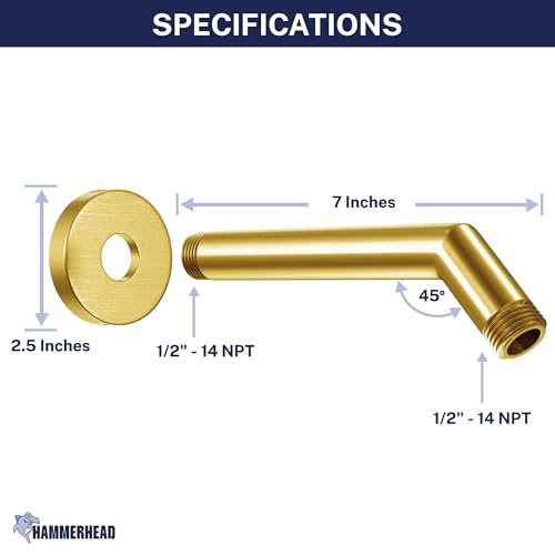 HammerHead Showers® Solid Metal 7 Inch Shower Arm and Flange with Set Screw, Brushed Gold | Wall Elbow Pipe and Cover Plate | Universal Replacement Part for Showerheads