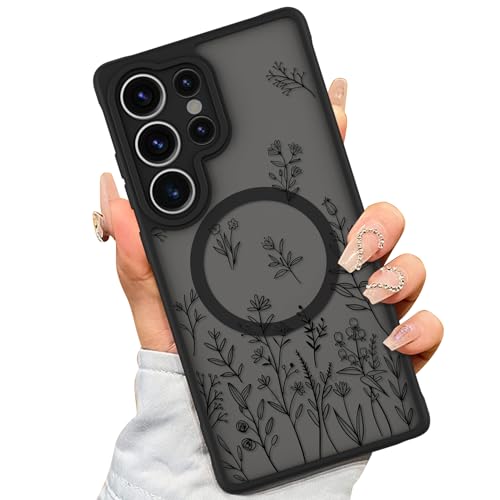 AIGOMARA Magnetic Case for Samsung Galaxy S25 Ultra, Cute Black Flower