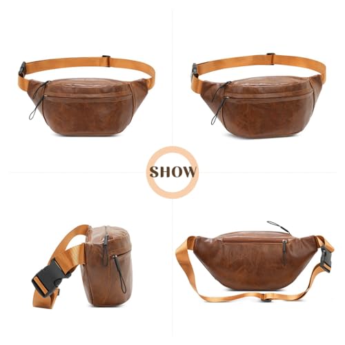Image of GUSTAVE PU Leather Waist Bag for Men Vintage Brown Shoulder Bag with Adjustable Quick Release Strap, Double Layer Design for Outdoor & Casual Use, Crossbody & Waist Bag, 22x7x16cm Stylish & Durable
