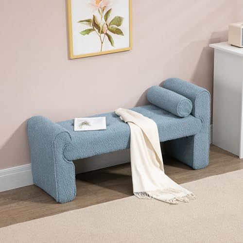 Image of Tmsan 49.02" Boucle Bench for Bedroom End of Bed, Modern Sherpa Upholstered Entryway Bench Teddy Ottoman Bench Seat for Living Room Foyer Window (Blue)