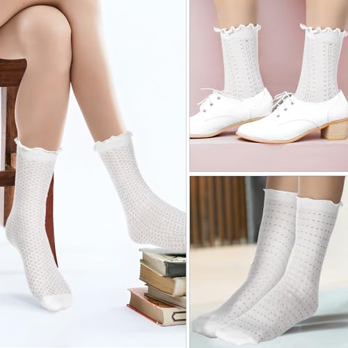 Ouligay 3 Pairs White Ruffle Ankle Socks Women Cute Casual Cotton Summer Mesh Ruffle Frilly Ankle Socks for Women2