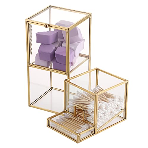 Hipiwe Gold Glass Qtip Holder With Lid 2 Compartments Cotton Balls Swab Organizer Cotton Round Pads Holder Makeup Pad Cosmetic Storage Case Q-Tip Dispenser For Dresser Countertop #TOP2
