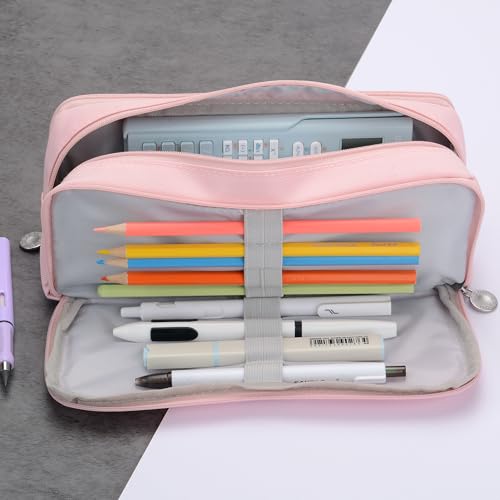 Image of Large Capacity Special Aesthetic Pencil Case Organizer with 3 Compartments, Big Preppy School Pencil Pouch Bag for Girls Women Adults, Pencil Holder Pen Pouch Cases (Pink 1)