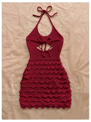 Image of GORGLITTER Women's Vacation Outfit Crochet Halter Knit Bubble Mini Dress Sexy Beach Cruise Summer Miami Resort Outfits
