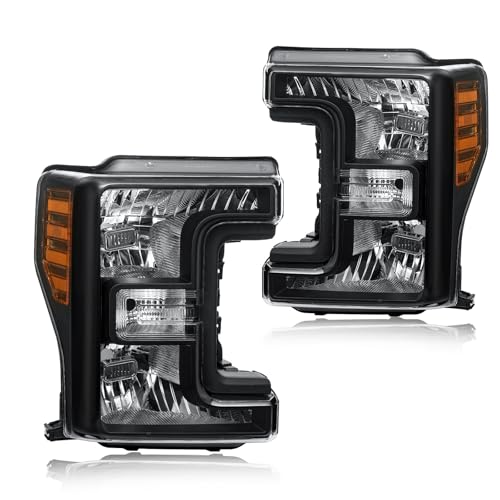 DimFlux Headlight Assembly for 2017-2019 Ford F250 F350 F450 F550 Super Duty (Fits Models with Halogen Headlights Only) Left & Right Side Replacement Black Housing Amber Reflector