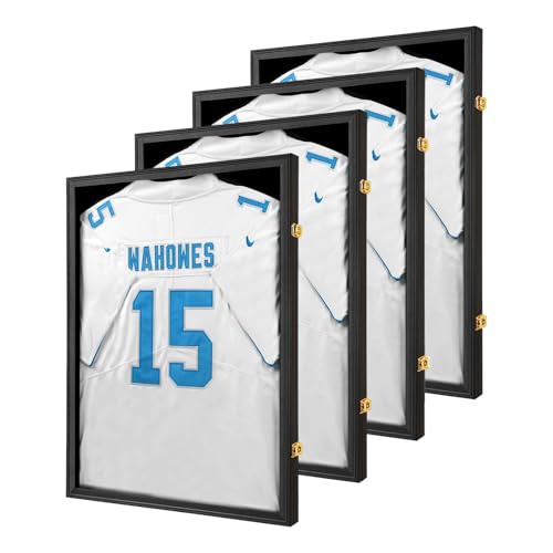 Tieeqe Jersey Frame Display Case 4 Pack-Wood Jersey Display Shadow Box- Lockable Jersey Frame with 2 Wall Hangers and UV Protected Acrylic for Football Baseball Basketball Jersey-Black