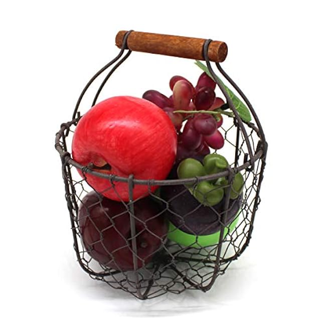 CVHOMEDECO. Round Chicken Wire Egg Basket Fruit Basket with Wooden Handle Primitives Vintage Gathering Basket. Rusty