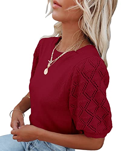 Image of Womens Short Sleeve Sweaters Crewneck Knit Pullover Tops 2025 Summer Casual Lightweight Crochet Blouse Shirt