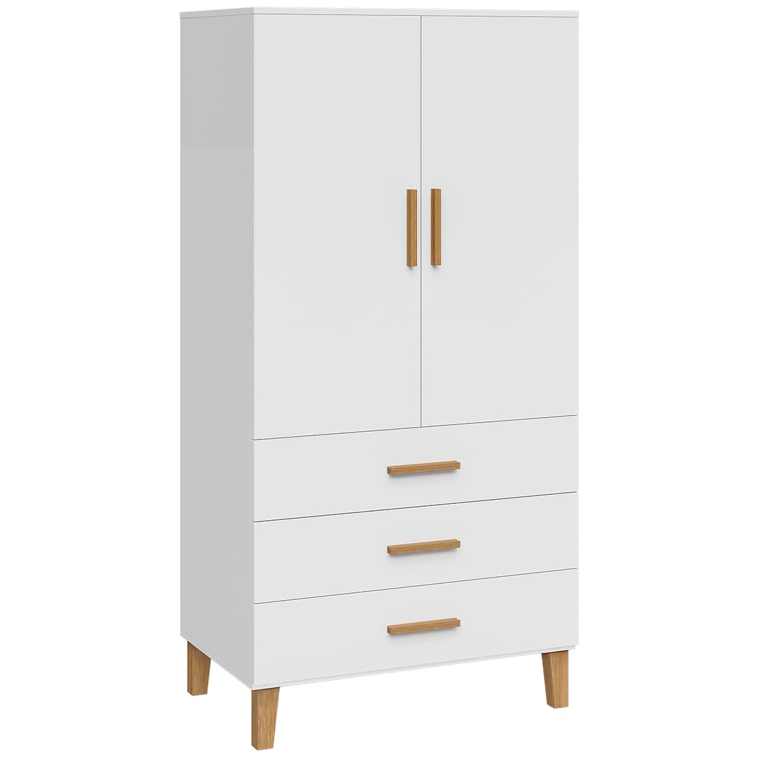 Bellabino Liri Kinderkleiderschrank – Kleiderschrank Kinderzimmer 2-türig mit 3 Schubladen in Weiß/Natur – Babyzimmer Schrank für Mädchen & Jungen – 183 x 56 x 90 cm (HxTxB)