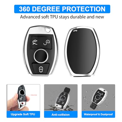 Image of QBUC for Mercedes Benz Key Fob Cover(Sliver) | Key Fob Case for Mercedes Benz C E M S CLS CLK GLK GLC G Class, TPU Full Protection Key Fob Smart Key Fob Case