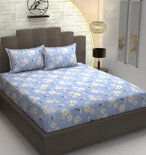 Image of Presents Luxurious Glace Cotton Super Soft 210 TC King Size (90x100 inch) Double Flat Bedsheet with 2 Pillow Covers for Kids Room, Aqua