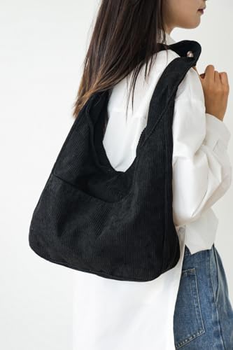 Image of Corduroy Fabric Shoulder Bag Retro Hobo Bag Casual Tote Bag | Multiple Pockets / Wide Strap / Foldable Purse
