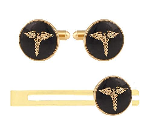 Mens Formal Round Black And Gold Cuff Link And Tie Pin Set With Doctor Insignia