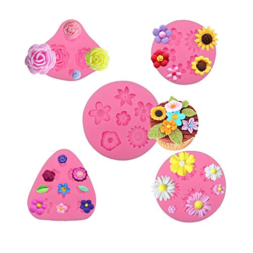 MOMOONNON 5 Pack Candy Making Decorations Flower Cake Fondant Mold Pastry Tools Sunflower Daisy Baking Silicone Small DIY Clay Molds