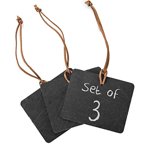 Set of 3 Black Slate Hanging Chalkboard Tags w/Leather Rope/Erasable Write On Wine Bottle Label Signs