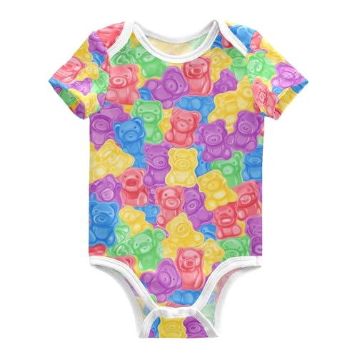 Wudan Colorful Sweet Jelly Bears Gummy Candies Newborn Baby Boy Bodysuits Short Sleeve Cotton Jumpsuit for Baby Sleepers Infant Toddler Girl Clothes 24M 2 Years Old