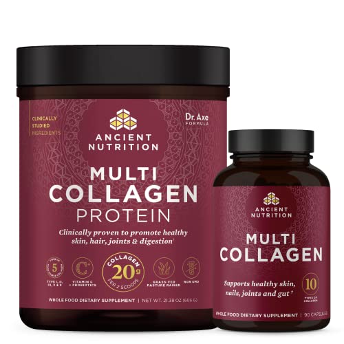Ancient Nutrition Multi Collagen Protein Capsules, 30 Servings + Multi Collagen Protein Powder, Unflavored, 60 Servings #TOP27