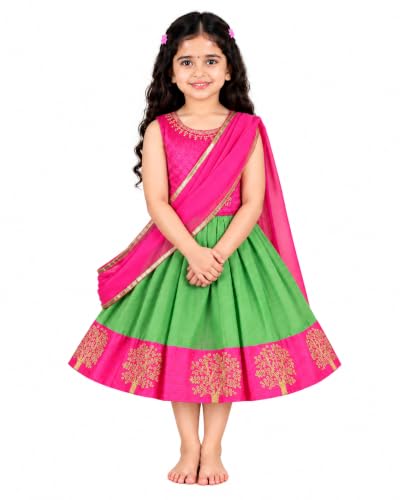 Image of Wish Karo Girls' Ethnic Lehenga Choli Dress with Dupatta - Pink & Green Traditional