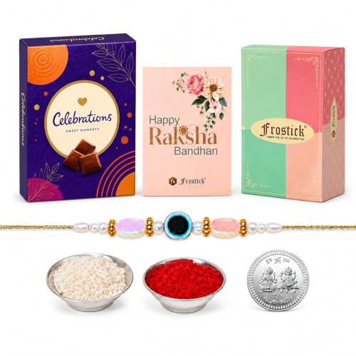 Image of Frostick Rakhi Combo for Brother with 1 Evil Eye Rakhis, Chocolates Roli Chawal Greeting Card and Gift Box Ideal for Raksha Bandhan Festival Gifting