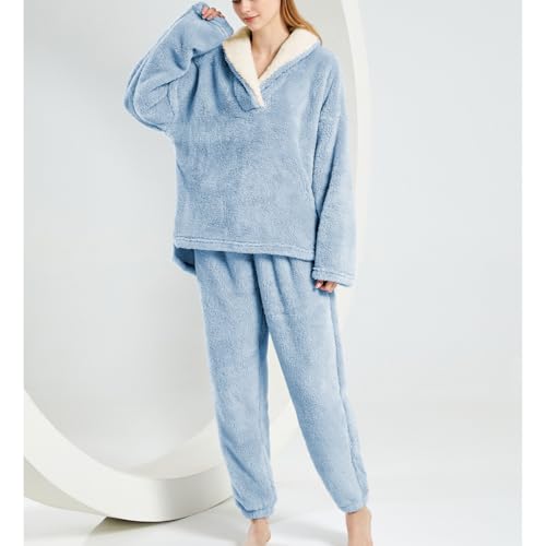 Womens Fluffy Pajamas Set Fleece Pullover Pants Oversized Plush Sleepwear Cozy Fuzzy Loungewear Loose Warm Pjs Sets2