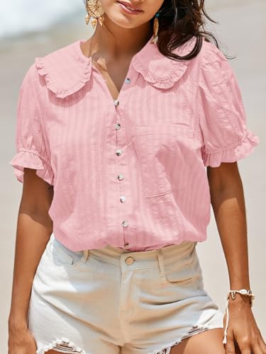 Image of Tankaneo Womens Puff Sleeve Shirts Peter Pan Collar Button Down Cotton Blouse Casual Summer Textured Tops