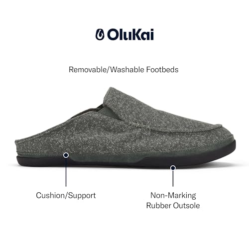 Image of OluKai Moloa Hulu Men's Wool-Blend Slippers, Soft & Heathered Knit Slip On Shoes, Suede Leather Foxing, Drop-In Heel Design