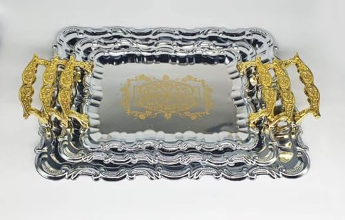 Image of MARTVIA Luxury Serving Tray Set of 3,Crystal Stainless Steel Tray, with Golden Design and Handle Serving for Party Glass, Home Wedding Decor for Gift Set (MV-15)