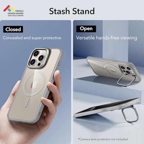 Image of ESR for iPhone 15 Pro Max Case, Compatible with MagSafe, Military-Grade Protective Case, Built-in Stash Stand Phone Case, Scratch-Resistant Back Cover, Classic Series,Clear Grey
