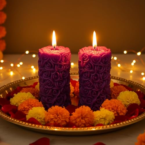 Image of Rose Pillar Candle, Purple Colour with Lavender Fragrance, Smokeless Designer Decorative Candle Set for Home Decor, Diwali & Festive Gifting (5.5 x 10.5 cm, 12hrs)