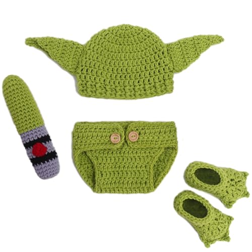 Image of DICHA Handmade Crochet Costume- 4-Piece Set: Hat, Diaper,Booties Shoes and Accessories - Baby Photography Props for Newborns 0-3 Months - Soft Yarn Green Alien Style Baby Photo Prop