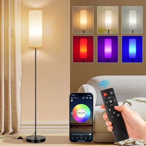 Frideko Floor Lamp,Modern Standing Lamp with RGB Smart LED Bulb & Brightness Dimmable,Standard Lamp with Remote,Tall Lamps for Living Room Bedroom Office,Foot Switch,Beige Lampshade